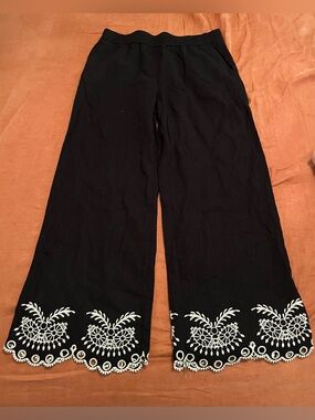 Black Wide-Leg Pants with White Embroidered Scallop Hem